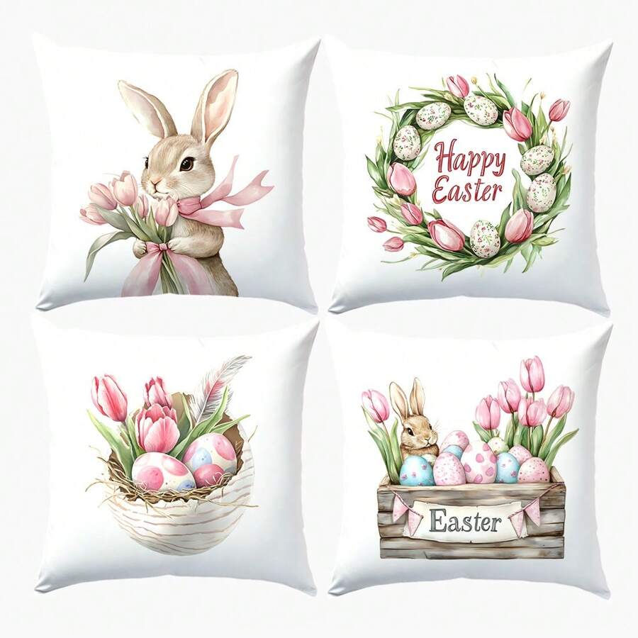 1 Stücke / 4er Set 17.7*17.7in (45*45cm) [einseitiger Muster] Kissenbezug mit Motiv Oster-Rosa Tulpe, Ei und Hase, aus Polyester für Sofa/Bett Kopfteil Kissen [Kissenfüllung nicht enthalten], geeignet für den täglichen Gebrauch, Heimdekoration, Wohnzimmer, Schlafzimmer, Auto