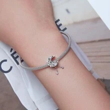 bamoer 1 PC 925 Sterling Silver Retro Moon Pendant Moonlight Charm Bead Plated White Gold Fit Women DIY Making Bracelet Festivals Gift Fine Jewelry