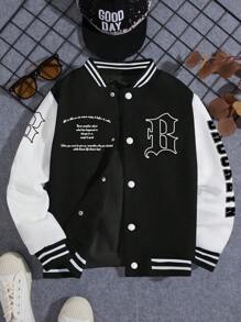 1pc Boys/Teenagers' Casual Stylish Patch Loose Simplified Varsity Jacket, Autumn/Winter