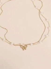2 件金色仿珍珠项链和蝴蝶结项链多层项链女士金色蝴蝶结项链简约情人节 - 彩色 - 查看 5