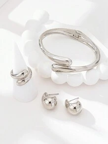 4 件时尚简约重金属水滴形哑光黑色珠宝套装，包括女士手链、戒指和耳环，优雅多功能日常配饰，春季设计开口手镯