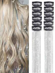 12 piezas Tintineos de cabello con clip de 20 pulgadas, extensiones de cabello sintético recto con brillo, kit de tintineos de cabello resistente al calor, accesorios brillantes y brillantes para el cabello tipo hada para mujeres (plata)