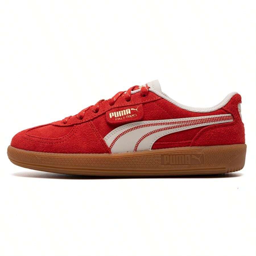 Puma Palermo Snaker 男女款休闲运动鞋,时尚低帮舒适滑板鞋,401856-01 - 紅色-米白色-金色 - 查看 1