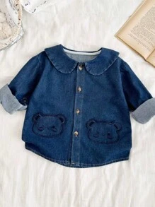 Top jeans para menina com bordado de orelha de urso 3D, primavera outono