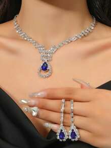1 Set Including: 1pc Luxury Rhinestone Pendant Necklace & 1 Pair Elegant Minimalist Rhinestone Pendant Earrings, Fashionable Jewelry Set Suitable For Daily Wear, Commute, Evening Party, Wedding, Ball, Photoshoot, And More For Women