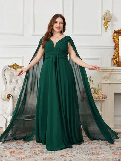 UNITHORSE 大码雪纺褶皱 V 领喇叭袖优雅长款礼服、伴娘服