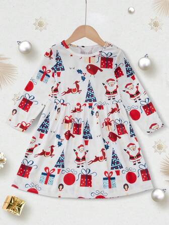 OIPOIG Young Girl Knitted Long Sleeve Dress, White, Round Neck, Soft And Comfortable Fabric, Fashionable Style, Fun Pattern With Christmas Tree And Santa Claus Print, Suitable For Christmas Party, Holiday, Girls Christmas Dress