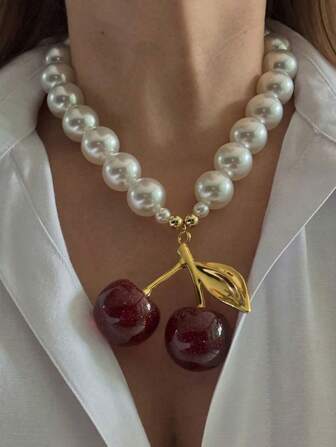1 PC Fresh, Cute, And Sweet Faux Pearl Fruit Cherry Women's Necklace, Suitable For Daily, Holiday, Gift, And Fashion Accessories