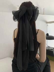 1 Stück Oversized Tüll-Schleifenclip mit langem Streifen, schwarze Haarklammer, elegante atmosphärische Haarzubehör für Frauen für den täglichen Gebrauch, Partys, Hochzeiten geeignet