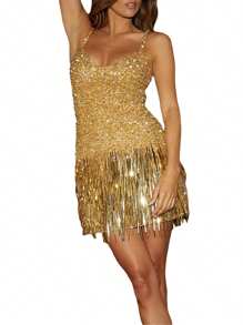 Women Sparkle Sequin Mini Dress Spaghetti Strap Backless Glitter Dress Low Cut Slim Fit Bodycon Dress Disco Party Clubwear - Gold - View 3