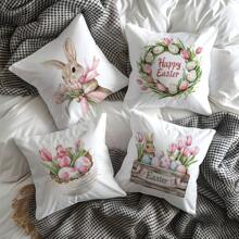 1 Stücke / 4er Set 17.7*17.7in (45*45cm) [einseitiger Muster] Kissenbezug mit Motiv Oster-Rosa Tulpe, Ei und Hase, aus Polyester für Sofa/Bett Kopfteil Kissen [Kissenfüllung nicht enthalten], geeignet für den täglichen Gebrauch, Heimdekoration, Wohnzimmer, Schlafzimmer, Auto