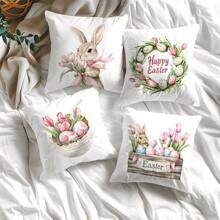 1 Stücke / 4er Set 17.7*17.7in (45*45cm) [einseitiger Muster] Kissenbezug mit Motiv Oster-Rosa Tulpe, Ei und Hase, aus Polyester für Sofa/Bett Kopfteil Kissen [Kissenfüllung nicht enthalten], geeignet für den täglichen Gebrauch, Heimdekoration, Wohnzimmer, Schlafzimmer, Auto