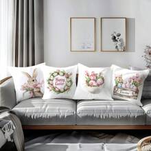 1 Stücke / 4er Set 17.7*17.7in (45*45cm) [einseitiger Muster] Kissenbezug mit Motiv Oster-Rosa Tulpe, Ei und Hase, aus Polyester für Sofa/Bett Kopfteil Kissen [Kissenfüllung nicht enthalten], geeignet für den täglichen Gebrauch, Heimdekoration, Wohnzimmer, Schlafzimmer, Auto
