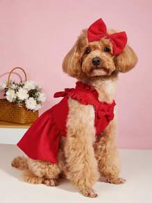 Pet Clothes With Hair Clip, Recommended To Choose One Size Up, Suitable For Small Dogs, Red Corduroy Dress With Bowknot