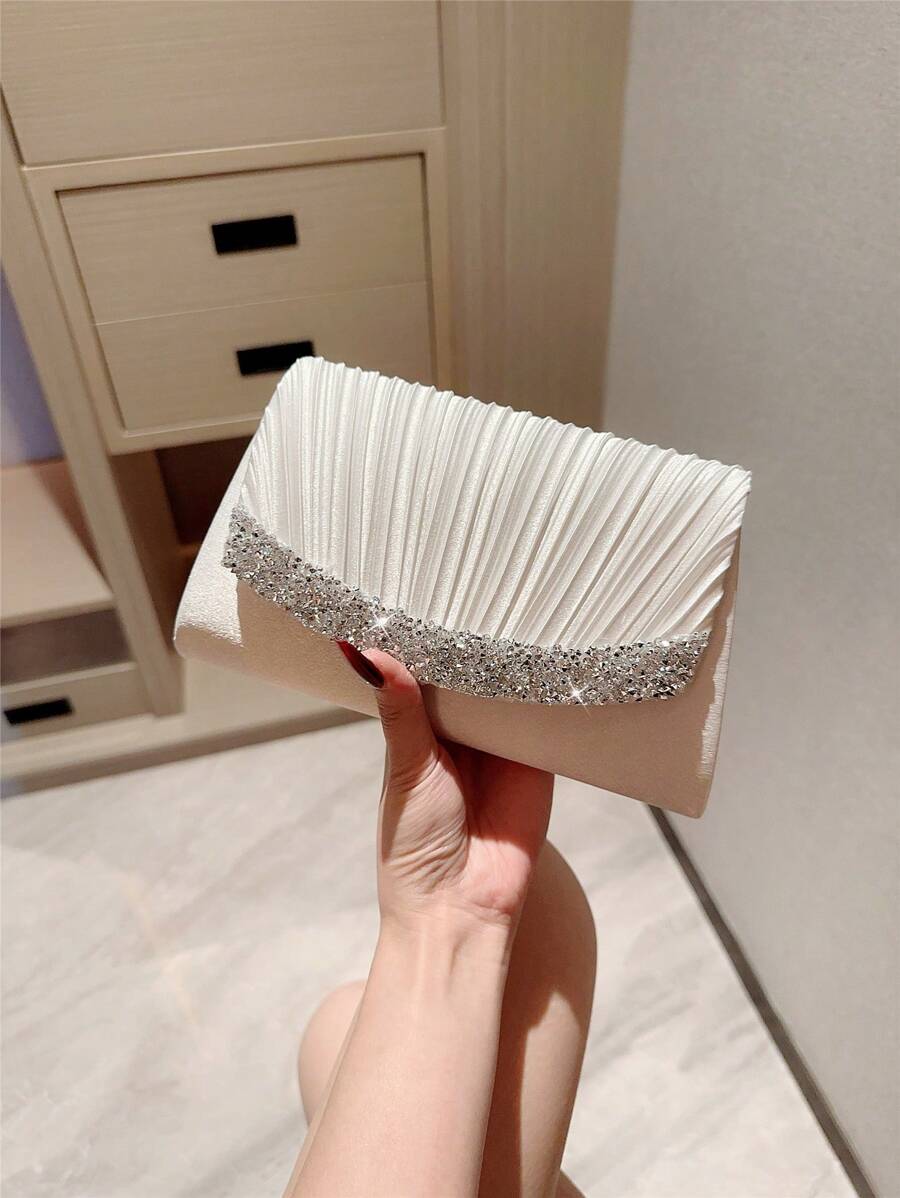 1 件经典褶皱缎面晚礼服手拿包、正式派对手提包、带水钻装饰的浪漫婚礼新娘信封包、链条单肩包、时尚派对包，非常适合派对、婚礼、舞会、晚宴/宴会
