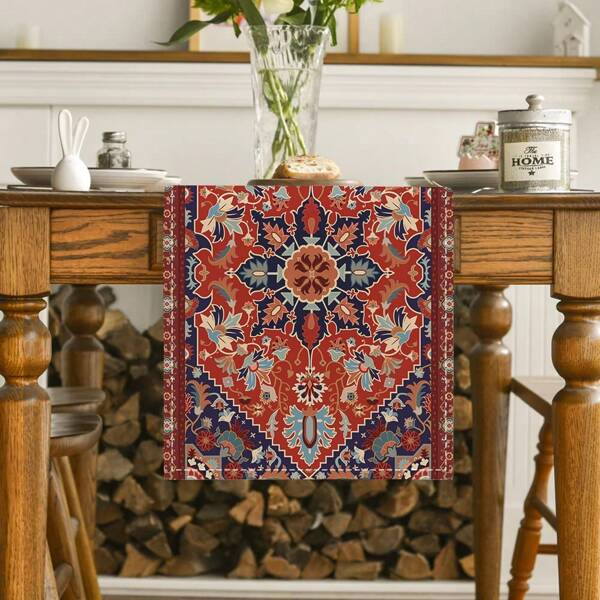 1pc Bohemian Style Table Runner, Geometric Black And Red Dining Table Decor Cloth, Suitable For Home Holidays, Parties, Weddings
