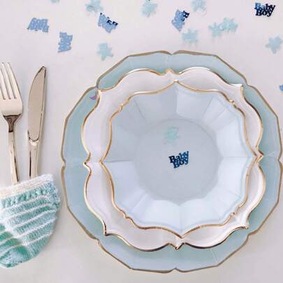 60 Pcs Light Blue Scalloped Paper Plates, 7 Inch 9 Inch 10 Inch Disposable Party Paper Plates Blue Paper Plates With Gold Foil Edge For Dessert Cake Baby Shower Birthday Wedding