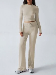 GAOVOT 女士两件套春夏 Y2K 运动休闲家居纯色修身长袖T恤和抽绳长裤套装 - 淺卡其 - 查看 3