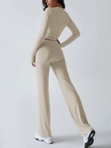 GAOVOT 女士两件套春夏 Y2K 运动休闲家居纯色修身长袖T恤和抽绳长裤套装 - 淺卡其 - 查看 2