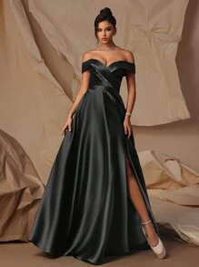 Black Off-Shoulder High Slit Satin Long Evening Gown, Elegant Party Dress For Women,Women's Fashion Gown,Evening Dress, Wedding Guest Dress, Prom Dress - 黑色 - 查看 4