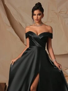 Black Off-Shoulder High Slit Satin Long Evening Gown, Elegant Party Dress For Women,Women's Fashion Gown,Evening Dress, Wedding Guest Dress, Prom Dress - 黑色 - 查看 7