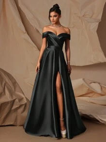 Black Off-Shoulder High Slit Satin Long Evening Gown, Elegant Party Dress For Women,Women's Fashion Gown,Evening Dress, Wedding Guest Dress, Prom Dress - 黑色 - 查看 3