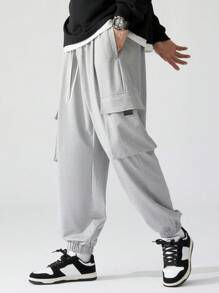 3pcs Plus Size Cargo Pants, Loose Fit Solid Color Drawstring Waist Sports Trousers, Multi-Pocket Workwear, Suitable For All Seasons, Fall Clothes