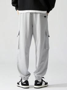 3pcs Plus Size Cargo Pants, Loose Fit Solid Color Drawstring Waist Sports Trousers, Multi-Pocket Workwear, Suitable For All Seasons, Fall Clothes