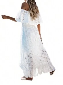 Women's Boho Maxi Dress Lace Tassel V-Neck Flare Ruffle Fringed Beach Summer Dresses Elegent Off Shoulder Beach Dress - 白色 - 查看 7