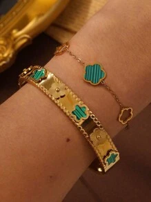 1 pieza Pulsera brazalete con baño de oro de 18K de acero inoxidable en forma de trébol, conjunto de joyas de moda impermeables adecuadas para uso diario, regalo
