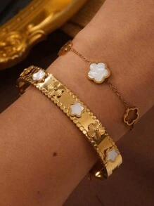 1 pieza Pulsera brazalete con baño de oro de 18K de acero inoxidable en forma de trébol, conjunto de joyas de moda impermeables adecuadas para uso diario, regalo