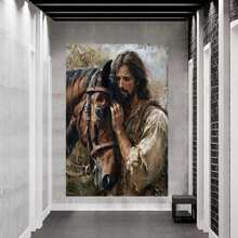 Rustic Charm Canvas Art - Vibrant Jesus & Horse Print On Wooden Frame, Ready-To-Hang Wall Decor For Living Room, Bedroom, Office, And Kitchen With Distressed Finish And Nature-Inspired Design