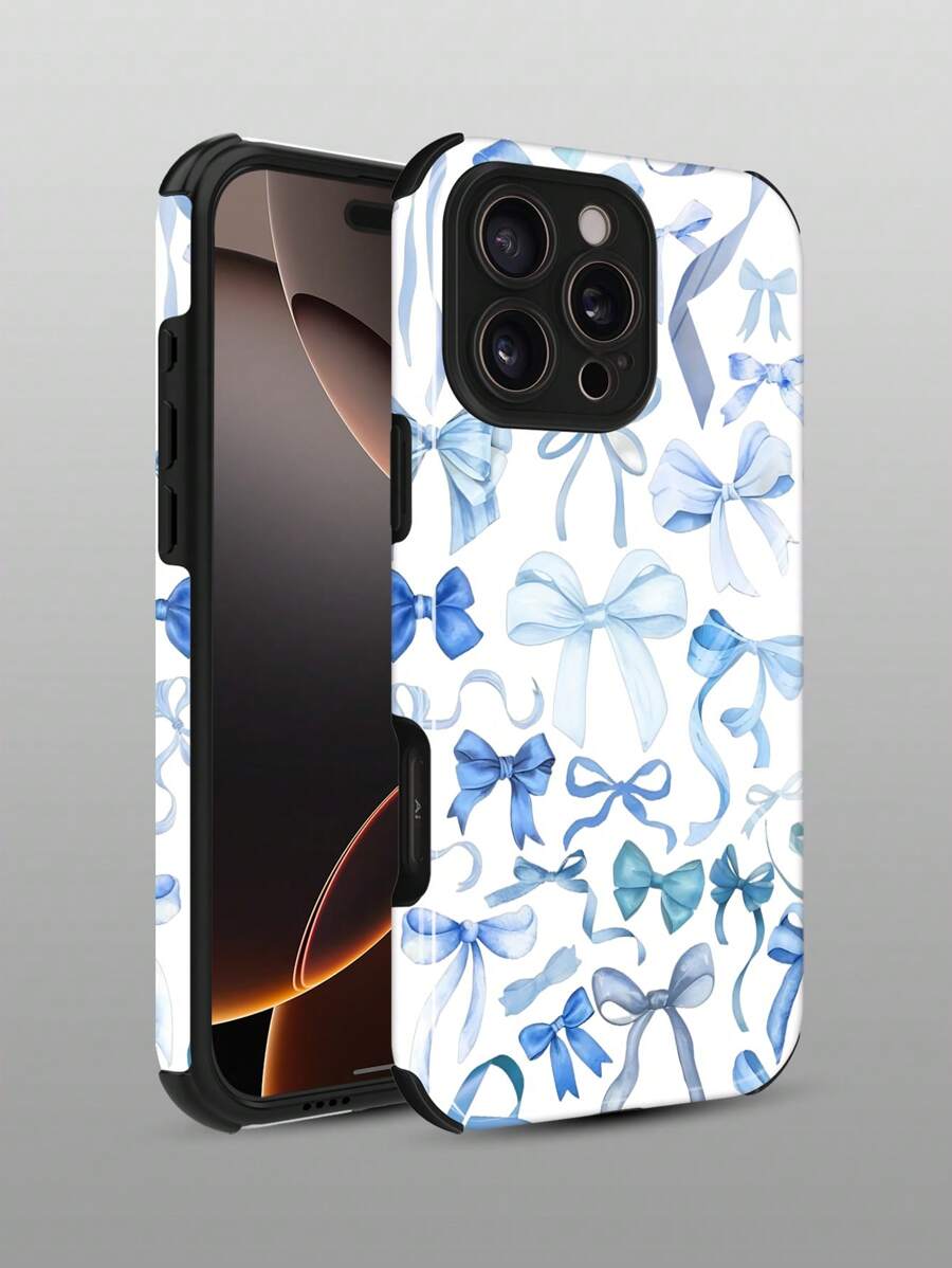 1 件时尚简约蓝色蝴蝶结装饰防震柔软 TPU+PC 混合保护手机壳适用于 Apple iPhone 16/16 Plus/16 Pro/16 Pro Max - 彩色 - 查看 1