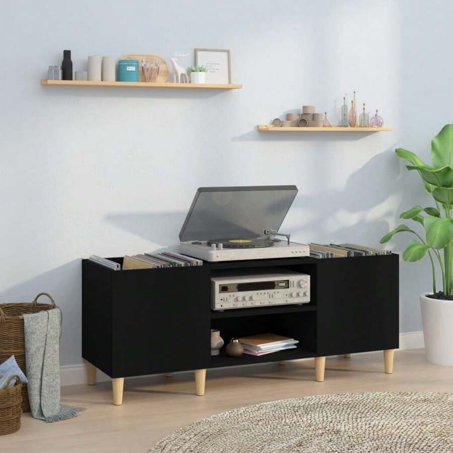 Stylish Black Engineered Wood Record Cabinet 128x48 Cm For Vinyl Storage And Display - Black - View 1