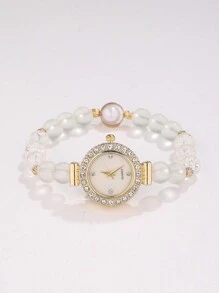 Relógio de Pulseira de Cristal Transparente e Pérola da Moda Feminina, Relógio de Quartzo com Mostrador Redondo Fofo, Pulseira de Strass, Pérola e Gema, Joias de Metal