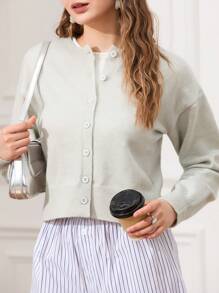 Women Y2k Button Front Cropped Sweater Cardigan Solid Color Crew Neck Long Sleeve Knit Open Front Cardigan Lightweight Knit Pullover Fall Outfits Tops Streetwear - Màu Xám nhạt - Xem 5
