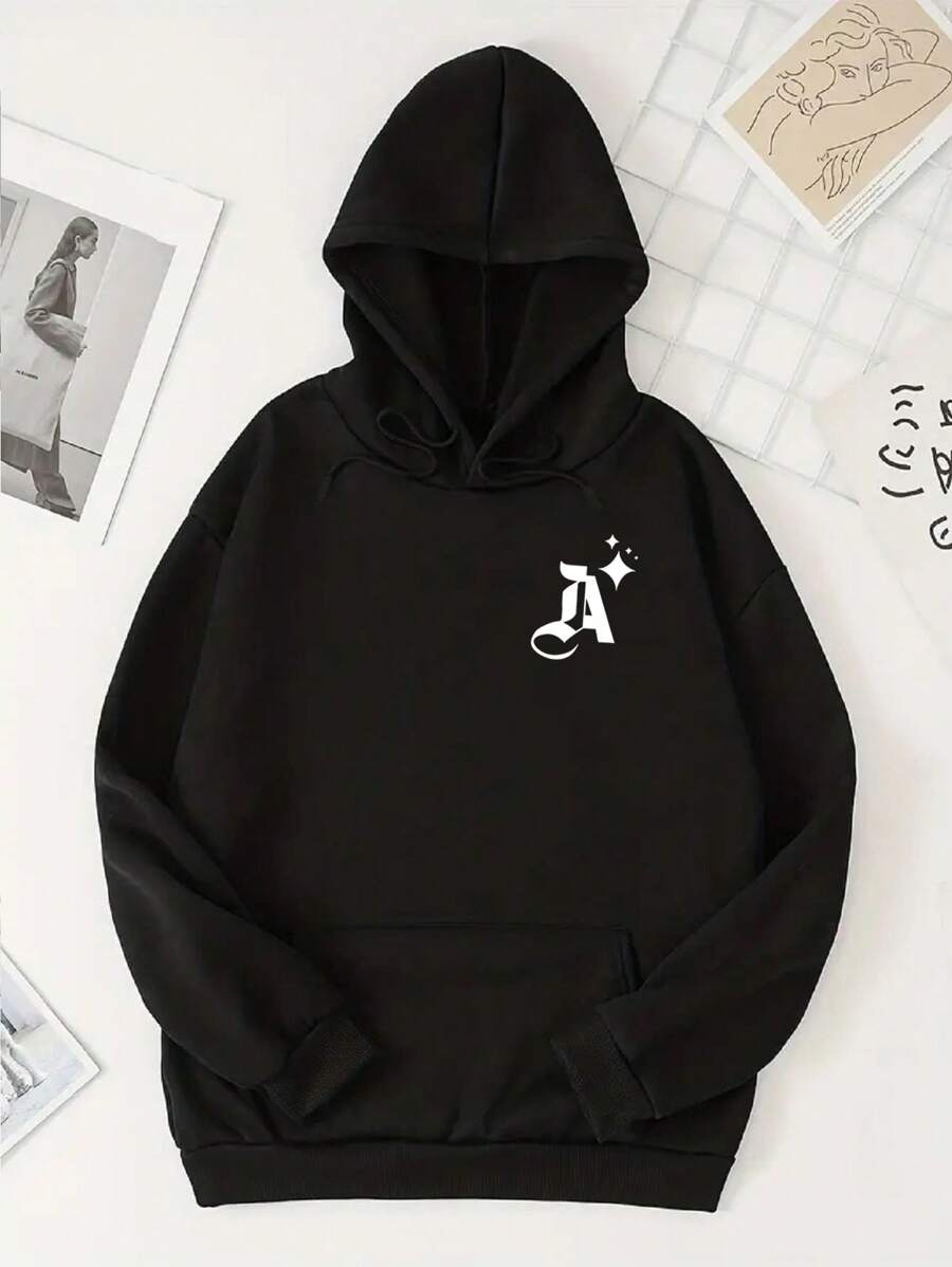 Women's Monogram Printed Hoodie With Kangaroo Pocket And Drawstring - Black - View 1