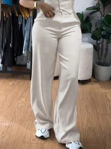 2 Piece Thick Strap Button Front Slim Fit Tank Top High Waist Wide Leg Pants Casual Outfit Set - Apricot - View 5