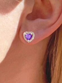 1pc/Set 925 Sterling Silver Purple Heart-Shaped Rhinestone Necklace Ring & Earring Set For Women Fine Jewelry Gift