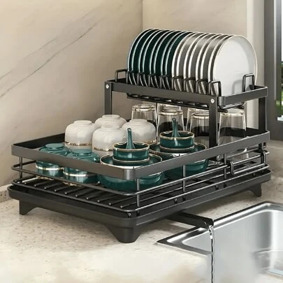1 件优质碳钢碗碟干燥架 - 现代高效台面收纳架，带滴水盘 - 耐用、防锈、节省空间的厨房储存和配件解决方案