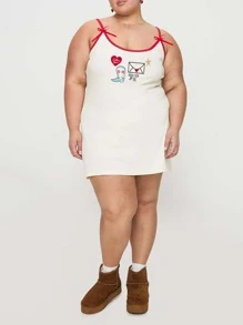 Women Plus Size Heart Bow Print Spaghetti Strap Sleeveless Cami Dresses - White - View 4