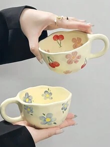 1 件 300 毫升陶瓷杯，韩国花卉图案陶瓷饮料杯，时尚花卉设计咖啡杯，适合饮料、下午茶、办公室、水、咖啡、果汁、日常野餐、客厅、餐厅、厨房、家庭和办公室使用，适合送礼，适合作为送给孩子的礼物，派对回学校的礼物 - 彩色 - 查看 3