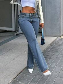 New Arrival American Street Style Loose Straight-Leg Casual Denim Pants For Women - Versatile And Easy To Pair - 深色水洗藍 - 查看 1