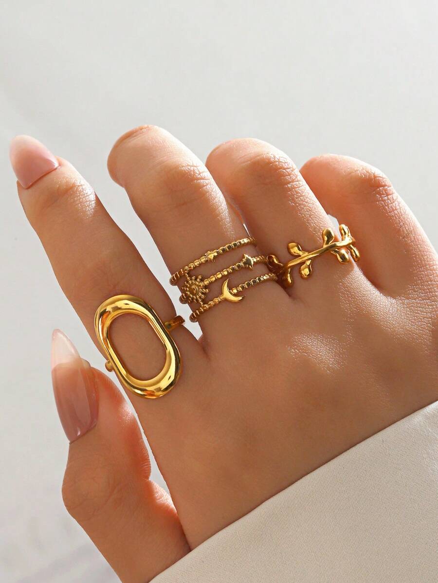 3pcs Stainless Steel 18K Gold Plated Geometric Ellipse, Tree Leaf, Star & Moon Design Rings, Premium Jewelry Suitable For Women Daily Wear - Yellow Gold - View 1