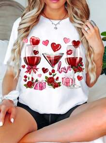 Women's Wine Glass Print T-Shirt, Summer Women's Fashion, Casual, Comfortable, Soft, Daily Outdoor Sports, Fitness, Breathable Round Neck Short Sleeve T-Shirt