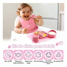 Platos Para Bebe Silicon, Juego de vajilla para bebé de 10 piezas, plato con ventosa, bowl, cubiertos, taza de silicona suave, baberos, cuchara y tenedor, Set de vajilla para madre e hijos, artículos de bebé - Rosa - Ver 2