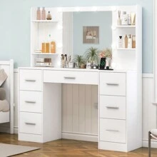 Schminktisch mit Beleuchtung, Einstellbarer Helligkeit, Schminktisch mit Spiegel und Steckdose, Schminktische mit 7 Schubladen, 6 Regale & 5 Haken, Moderner Kommode, Schlafzimmer, weiß