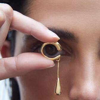 1pc C-Shaped Metal Teardrop Tassel Ear Cuff Earrings, Clip On Earrings For Women And Girls, Earring Accessories Gift