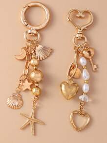 创意包包吊坠月亮星星海星钥匙扣时尚钥匙仿珍珠串珠爱心钥匙圈背包吊坠情人节 - 金色 - 查看 2
