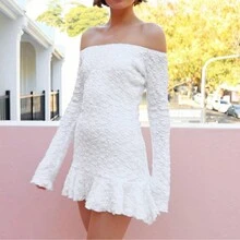 Women's Off Shoulder Dress Solid Pleated Ruffled Hem Flared Cuffs Long Sleeve Slim Fit Mini Dress For Spring& Summer,Bride - White - View 1